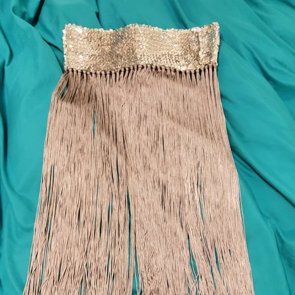 Silver Sequin Fringe Belt Circle Hip Wrap Embelished Festival Rave Scarf EUC